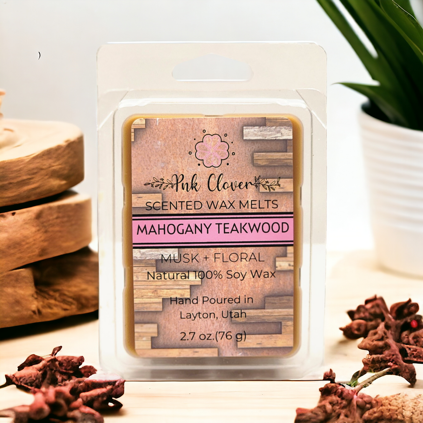 Mahogany Teakwood - Wax Melt by Pnk Clover | Mahogany Teakwood Wax Melts | Luxurious Wood Scent | Soy Wax Melt