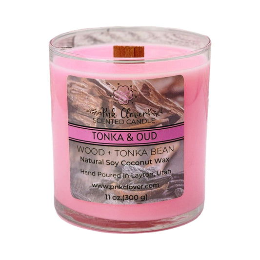 Tonka & Oud - Candles by Pnk Clover | Tonka & Oud Scented Candle | Discover the Luxurious Aroma - 11oz Soy Coconut Wax - Pnk Clover