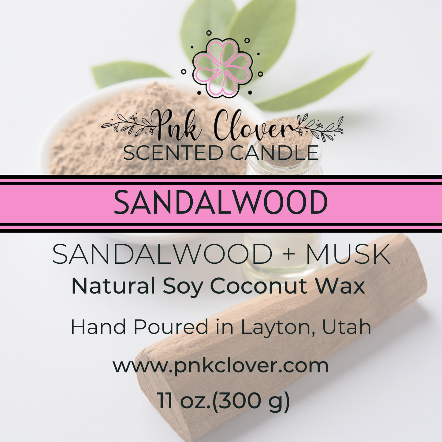 Sandalwood - Candles by Pnk Clover | Sandalwood Scented Candle | Earthy & Warm Fragrance for Cozy Homes - 11oz - Pnk Clover